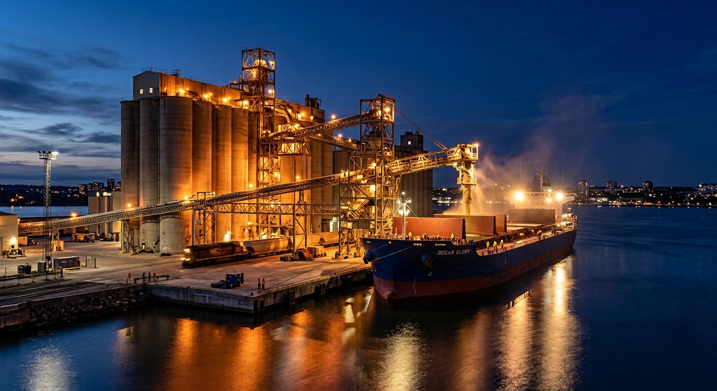 Silos and conveyors loading a bulk ship at a lit terminal at dusk