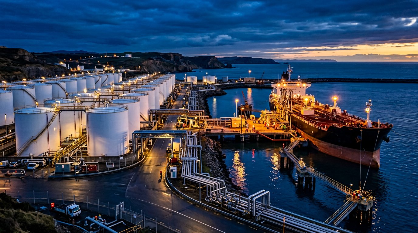 Coastal tank terminal at dusk with storage tanks and a moored product tanker