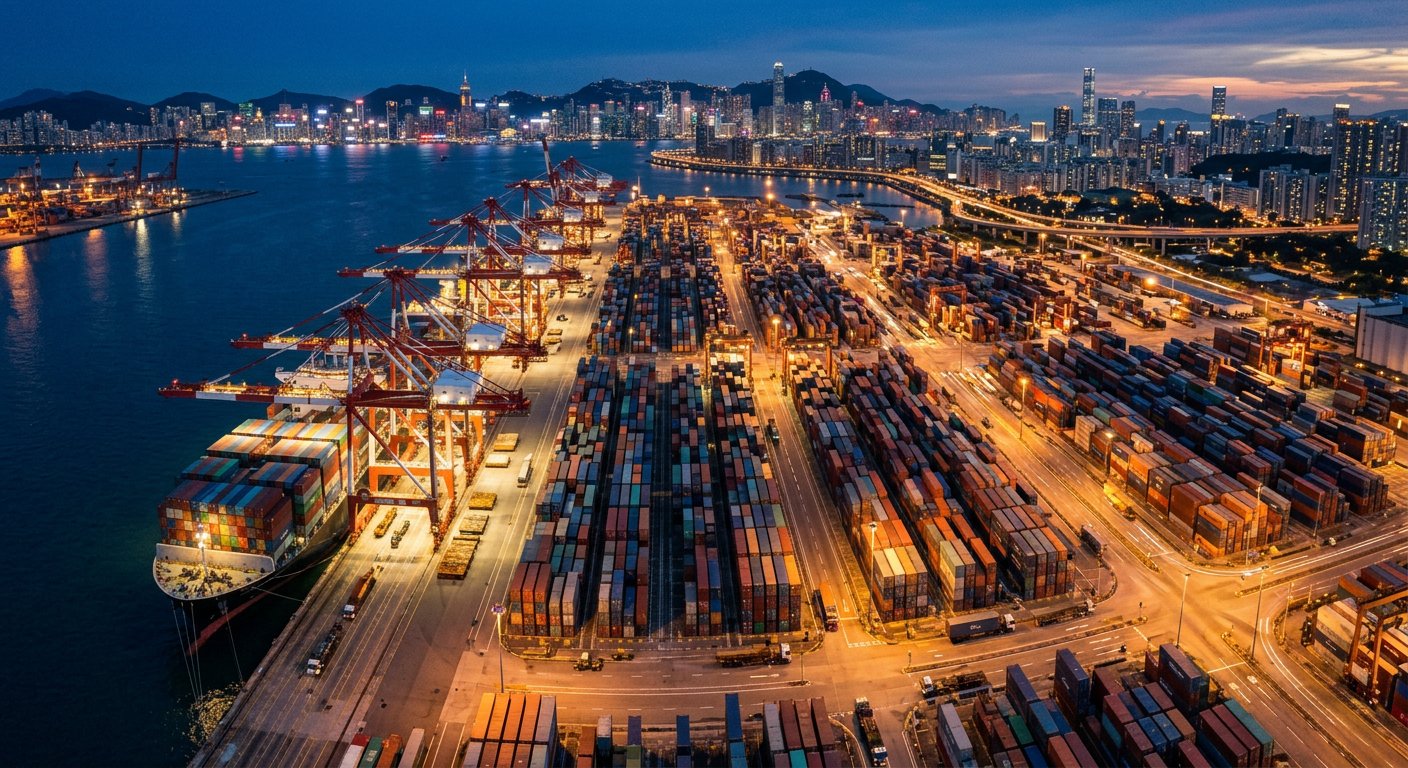 Aerial view of a container port at dusk with a city beyond